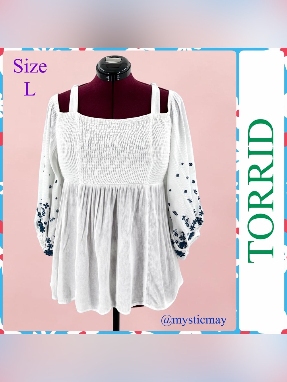 Boho TORRID White Smocked Cold Shoulder EMBROIDERED SLEEVE BABYDOLL TOP Size L